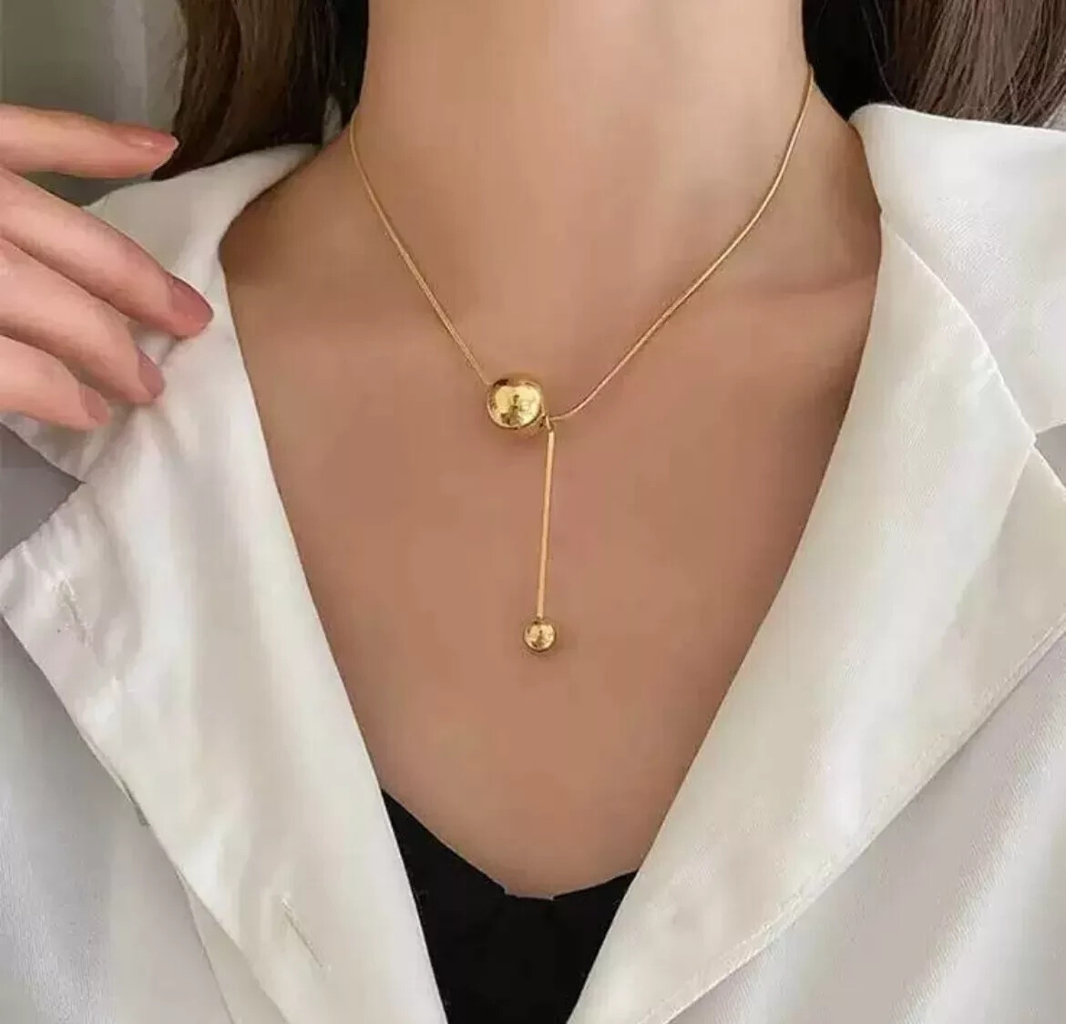 18K Gold-Plated Stainless Steel Double-Bead & Tassel Necklace for Women