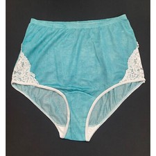 VTG Vanity Fair Nylon Panties Lace Trim Gusset Sz 6 USA High Leg Turquoise RARE
