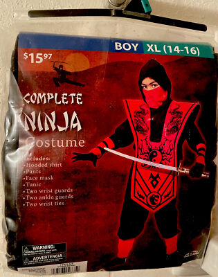 Fun World Red Ninja Halloween Costume 7 pc Set Boys XL (14-16) Complete - NEW
