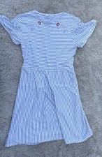 Mango Casual Women's sz 2 Blue & White Striped Floral Short Bell Sleeve Dress