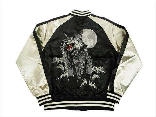 Unused Kacho Fugetsu Men's Sukajan Jacket Wolf Embroidered Black Size M - product listing photo
