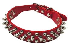 Dog Collar, Studded Spikes Rivet, Red Shimmer Bling, Adjustable, S M L
