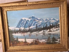 VINTAGE oil/Board Mountain Lake Snowscape, Titled "Winter" Signed H. Morgan 85