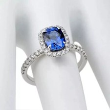 2Ct Cushion Cut Simulated Sapphire Women's Engagement Ring 14K White Gold Plated