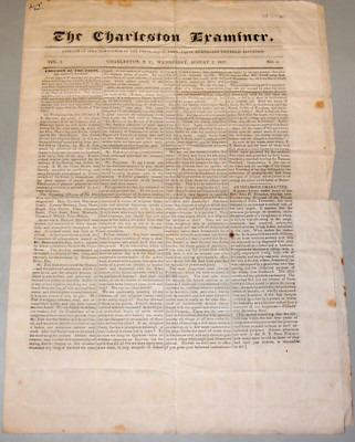 The Charleston Examiner, August 2, 1837 Rare Newspaper Panic of 1837 