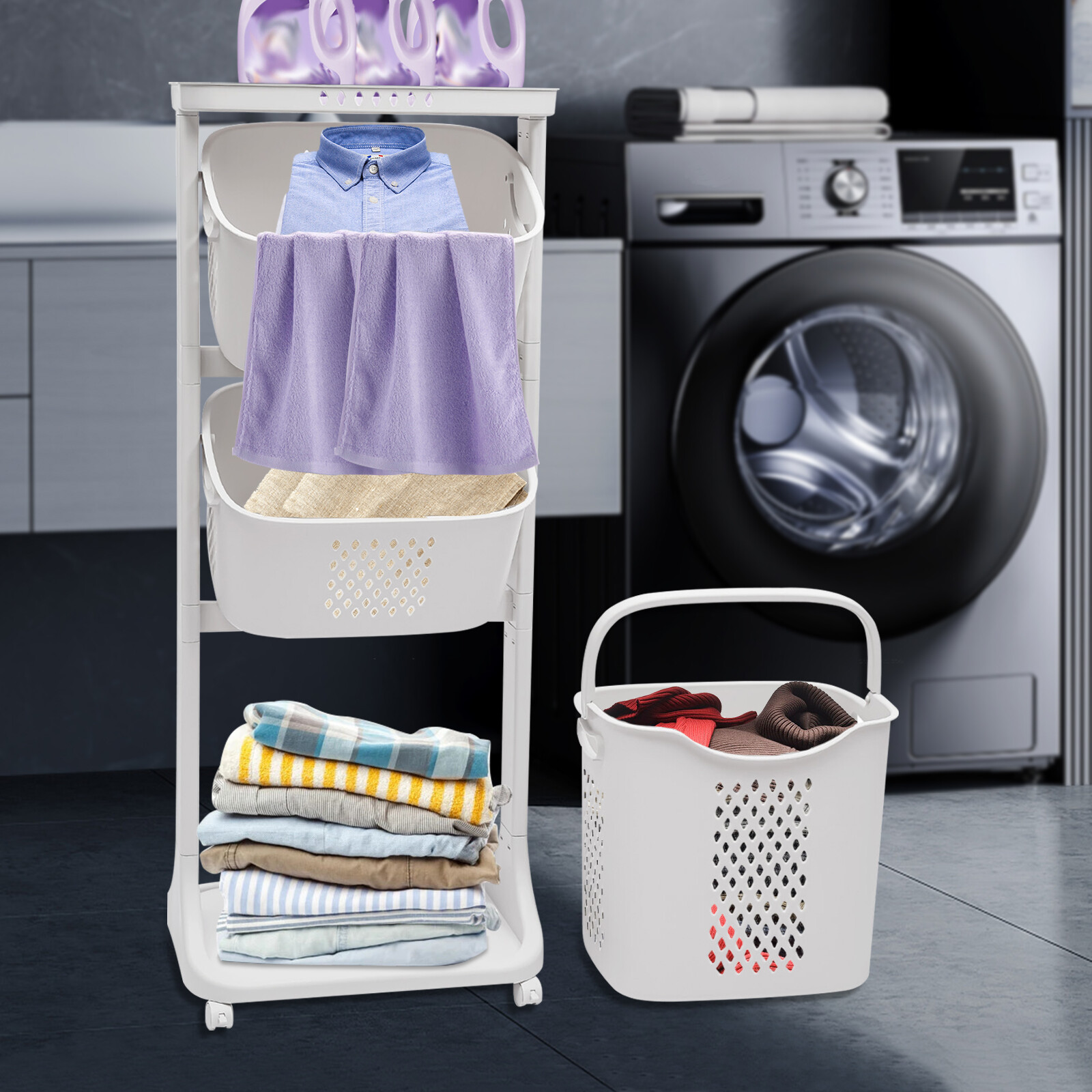 Laundry Hamper Basket Sorter Clothes Storage Organizer 3 Tier Shelf Rolling Cart-image