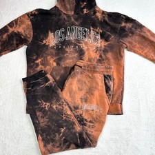 Shein Los Angeles Acid Wash Hoodie and Jogger Sweat Suit Set Black Orange Mens M