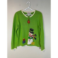 Tiara International Christmas Snowman Zip Up Cardigan Sweater Green Womens M