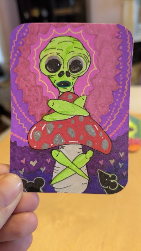 ACEO New World Series 3/5 "Embrace" HandDrawn OOAK Alien Mushroom Doodle Grafitt