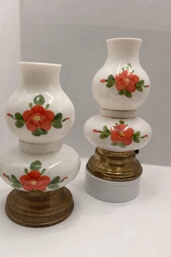 Vintage Pair Milk Glass Hurricane Lamps Hand Painted Floral Boudoir Lamps MCM