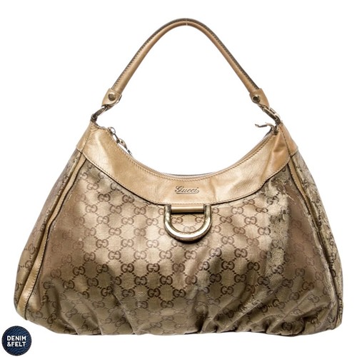 Gucci Gold Brown GG Crystal Canvas Leather D Ring Hobo Shoulder Bag Purse Tote