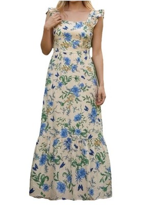 NWOT London Times Maxi Dress Plus 16W Cream & Blue Floral Butterfly Garden