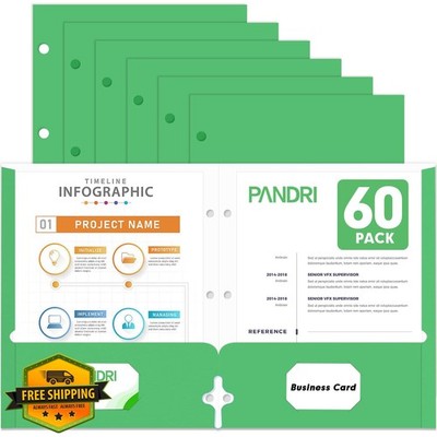 PANDRI 2 Pocket Folders 60 Pack Green 3 Hole