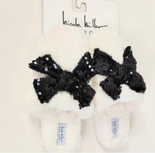 Nicole Miller Womens Slippers Large 8-9 Faux Fur Fuzzy Slip On Sequin AS IS