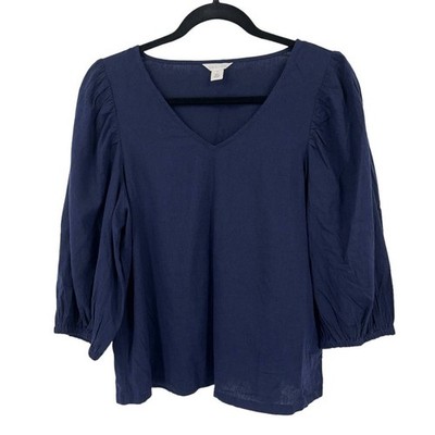 Caslon Top linen puff sleeve navy blue X-Small XS