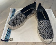 Tory Burch SZ 7.5 Weston Flat Espadrilles Tan/Navy canvas calf leather logo