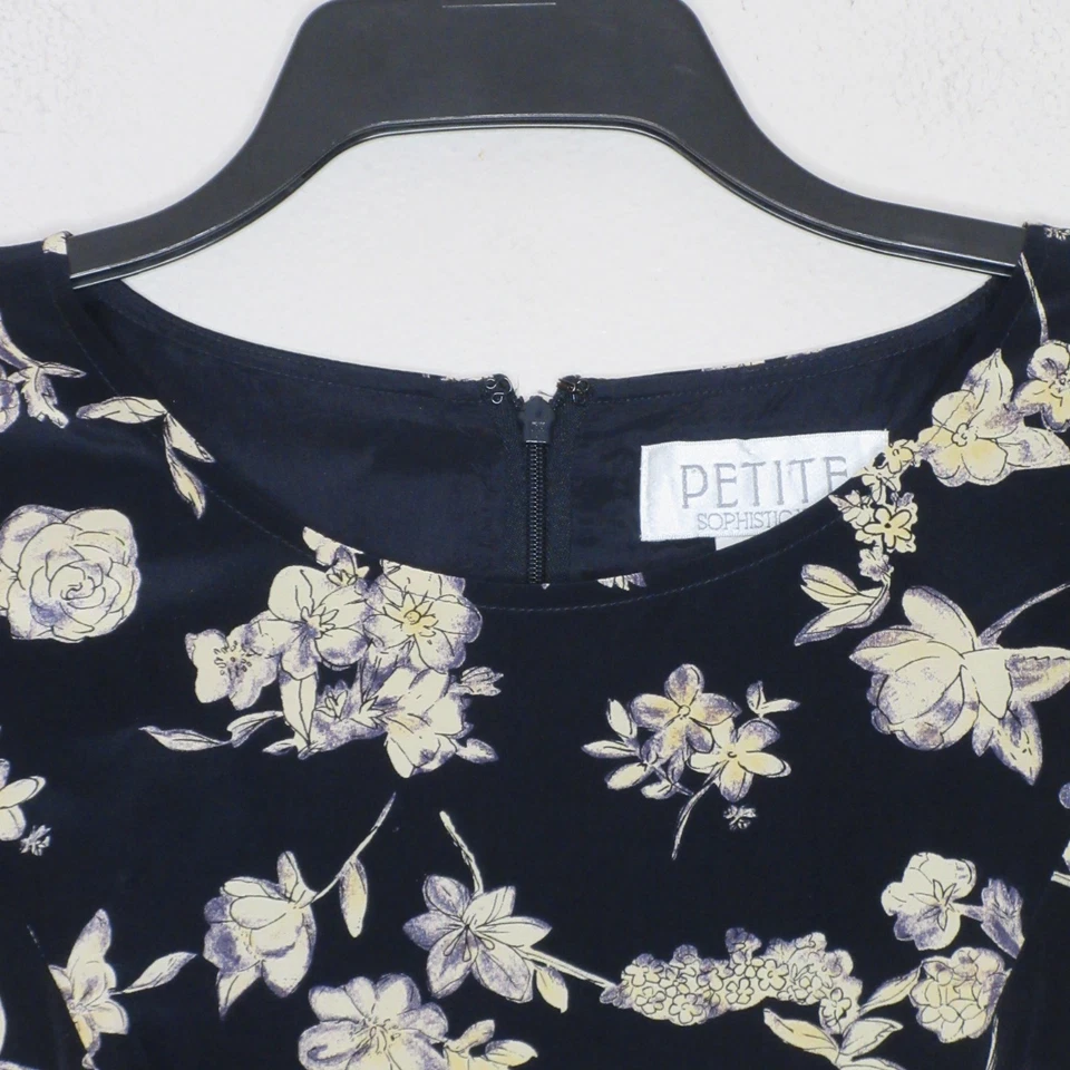 Petite Sophisticate VTG Womens Navy Floral Print SS Silk A Line Mini Dress 4 B54 - Image 2 of 4
