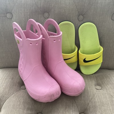 Nike slide sandals Laser Green Girl Child Plus Pink Crocs Galoshes both size 12 