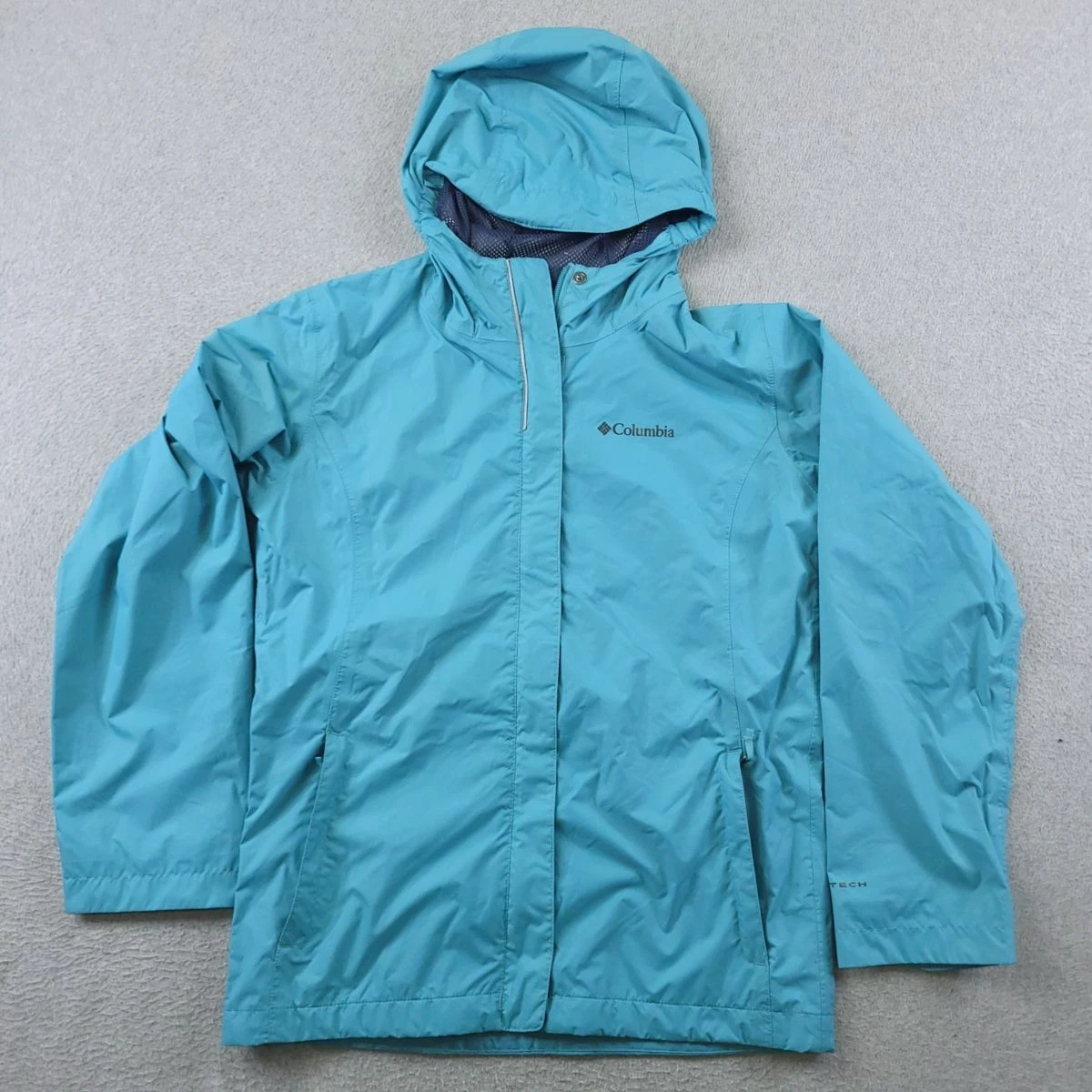 Columbia Jacket Girls Large Blue Omni Tech Rain Hooded Arcadia Reflective Stripe