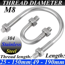 M8 U Bolts + Two Nuts 4.8 Grades Rust Proof A2/304 Stainless Steel 49 - 190mm 