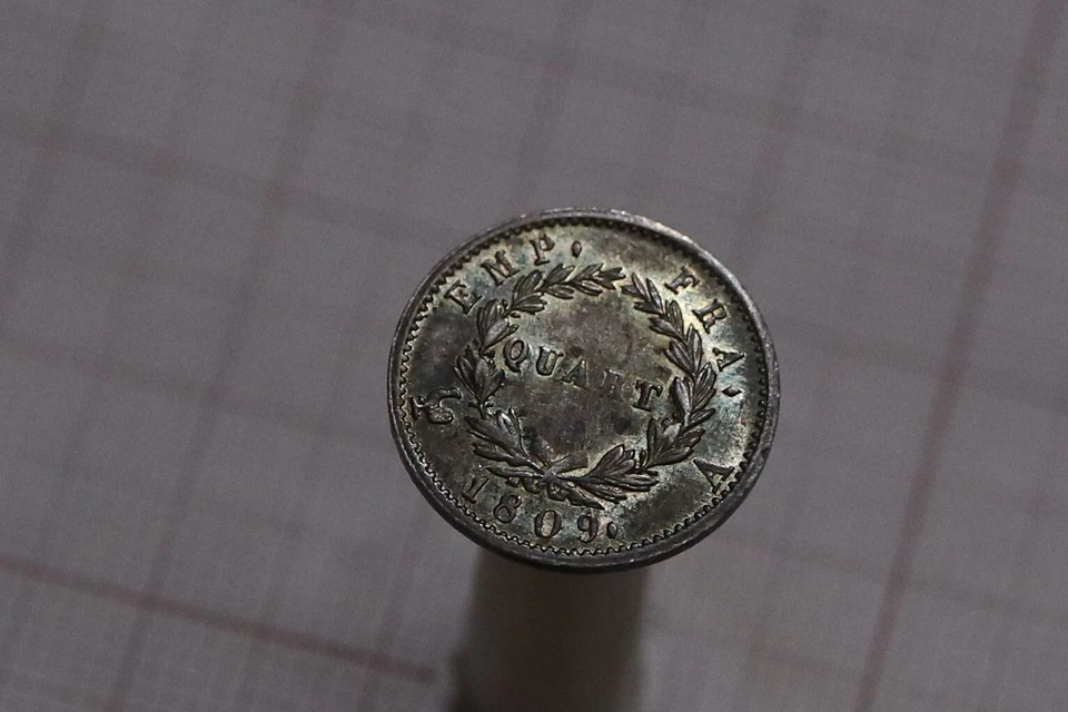 🧭 🇫🇷FRANCIA NAPOLEÓN 1/4 FRANCO 1809 UNC MEJOR EN MANO ARCO IRIS TONIFICACIÓN B86#Z9427 Foto 2 de 4