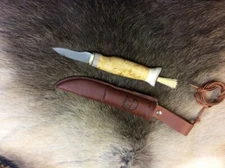 Wood Jewel Mushroom Fixed Knife 2.38" Stainless Blade Curly Birch Handle Sheath