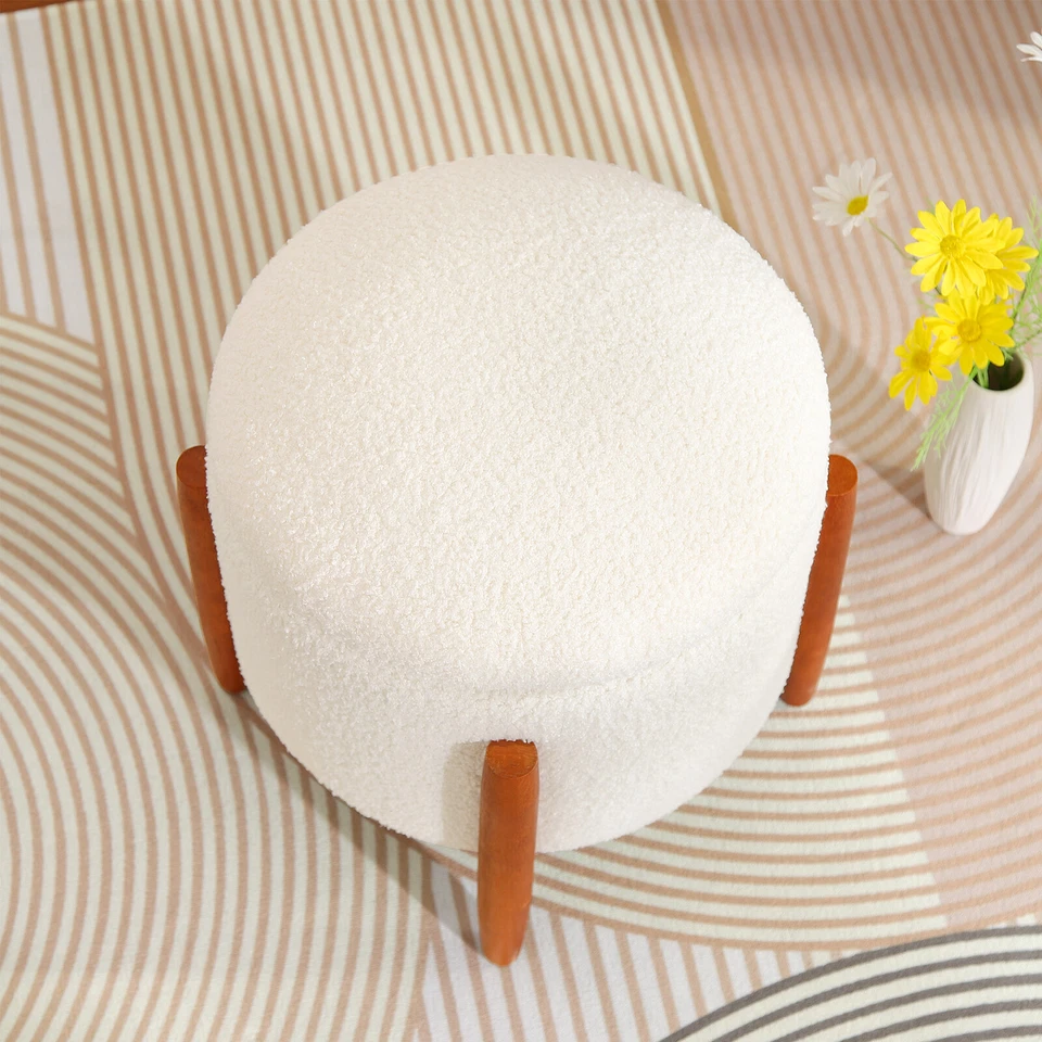 Teddy Velvet Round Storage Ottoman White Foot Rest Round Footstool For Bedroom - Image 3 of 4