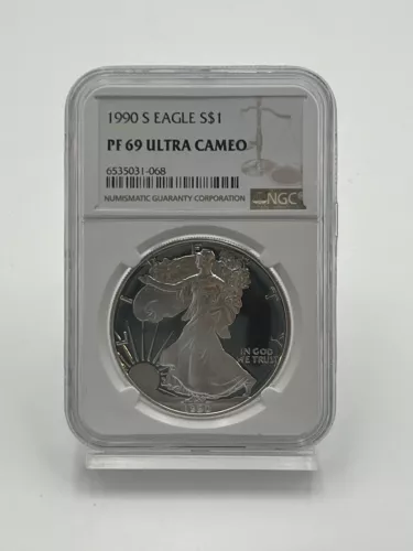 1990 S PROOF SILVER EAGLE NGC PF69 ULTRA CAMEO CLASSIC BROWN LABEL