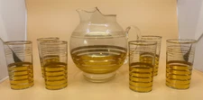 Vintage 1950s-60s Ball Shaped Glass Pitcher and 6 Tumblers Gold Bands MCM Style