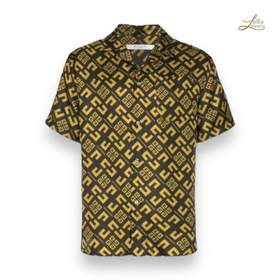 Givenchy 4G Logo Print Seidenhemd Schwarz Gold Camp Kragen Größe 41 EU
