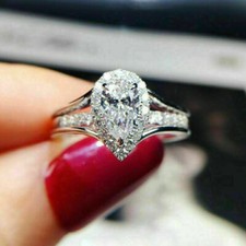 2.00 Ct Pear Cut Simulated Diamond Halo Engagement Ring Gift 14K White Gold Over