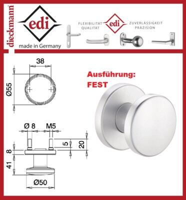 EDI Edelstahl F00 Türknopf K7/052/02 Aufnahme M12 Rosetten-Ø 55mm Lochabst.38mm
