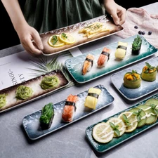 Japanese Sushi Plate Ceramic Rectangular Hotel Tableware Sashimi Dish Green Blue