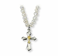 Freshwater Pearl First Communion Necklace Two Tone Cross w/ Chalice Center, 16"
