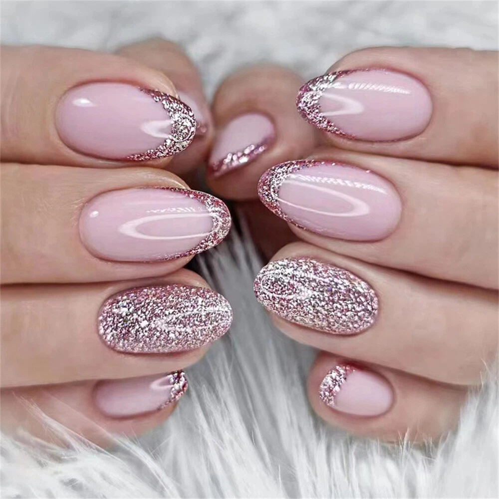 Almond Short False Nail Glitter Pink French Press on Nails for