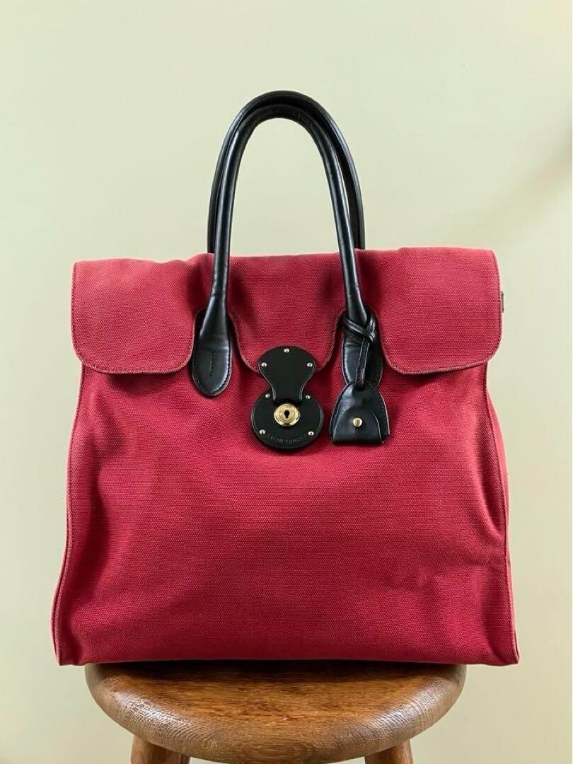 RALPH LAUREN Canvas Ricky Tote Bag Red Authentic Women Used