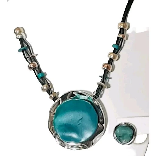 Collar RLM Soho Fabuloso 9"L Tono Plata Pátina Verde + Pendientes 1/2"L Ja5 Foto 3 de 4