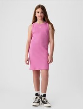 New Gap Kids Girls Rib Knit Tank Dress Sz 8 10 12 Pink Palm Embroidered Cotton