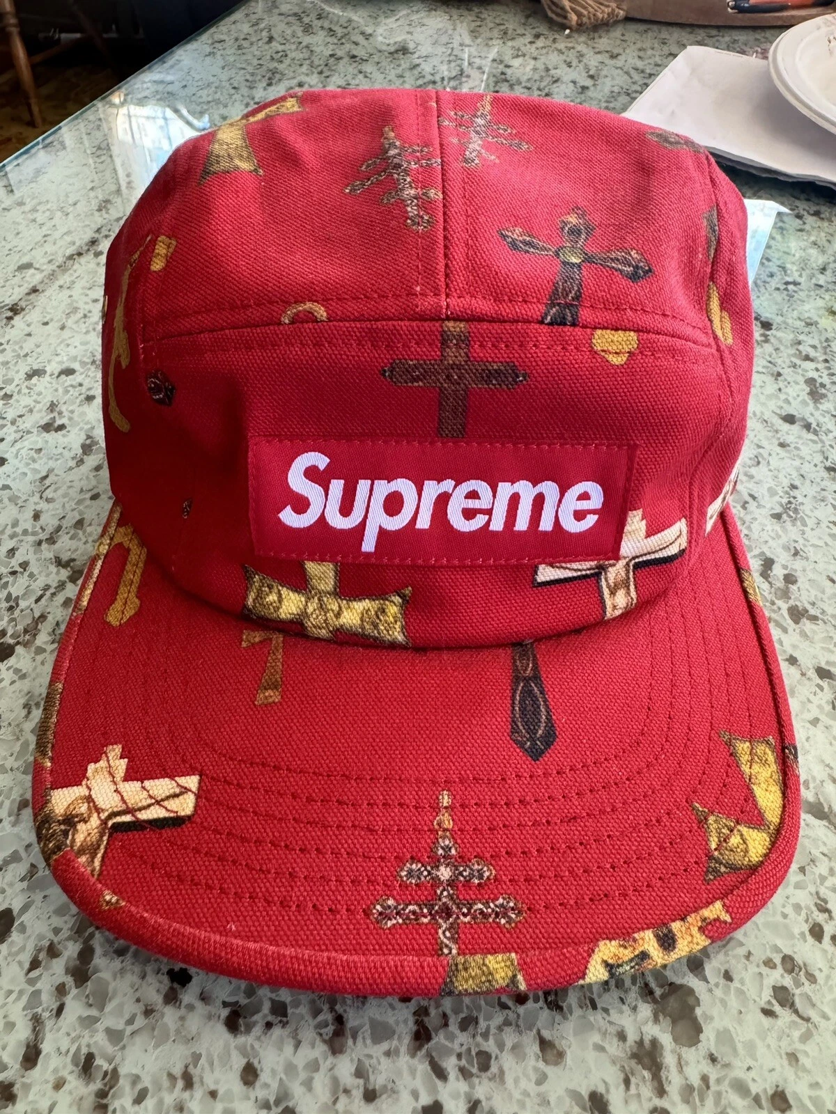 Chapeau casquette de camp Supreme Crosses SS13 rouge 5 panneaux boîte bogo logo toile