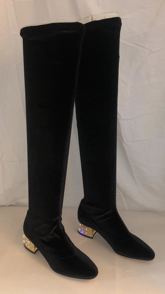 37/7❤️ BOTAS ALTAS SEBASTIAN MADE ITALY Oro Tacones Bajos Terciopelo Elástico SOBRE LA RODILLA Foto 3 de 4