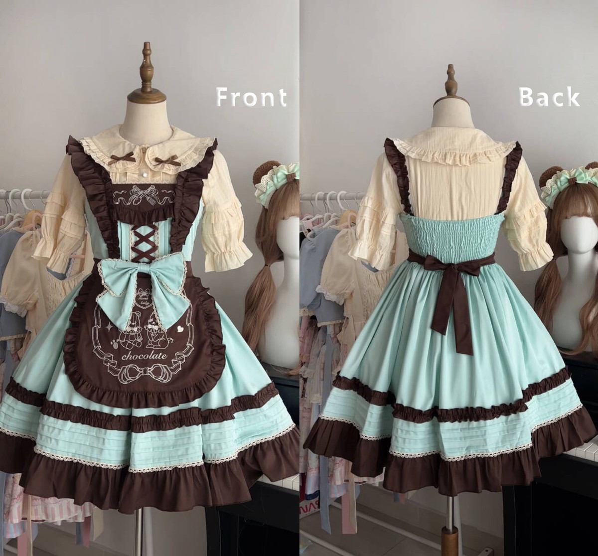Mint Chocolate Girl Theme Lolita JSK Dress Maid Style Bow Ribbon