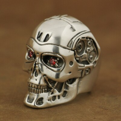 LINSION 925 Sterling Silver Terminator Ring – Red CZ Eyes, Biker Robot Punk, Men's Sizes 8-13