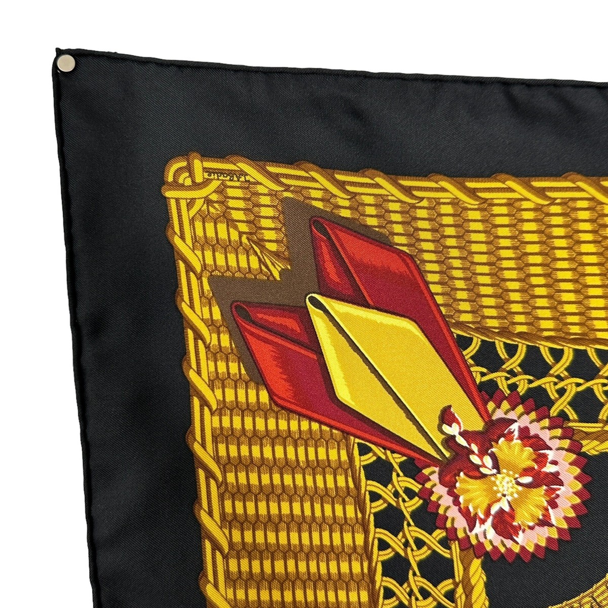 HERMES Carre 90 Silk Scarf VOITURES PANIERS Black/Gold Rare