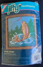 1993 Jiffy Needlepoint Kit 17030 Gone Fishing Stacy Lynn 5" x 5" Sealed Package