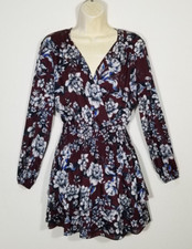 Parker Women Small Burgundy White Mini Dress Floral Long Sleeve Tiered V-neck