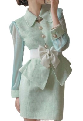 2024 Womens Autumn Winter 2 Pcs Suit Dress Temperament Tops+skirt Bowtie Sz 