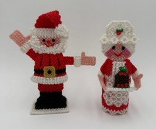 Vintage Santa and Mrs. Claus Handmade Knit Needlepoint Display Figures
