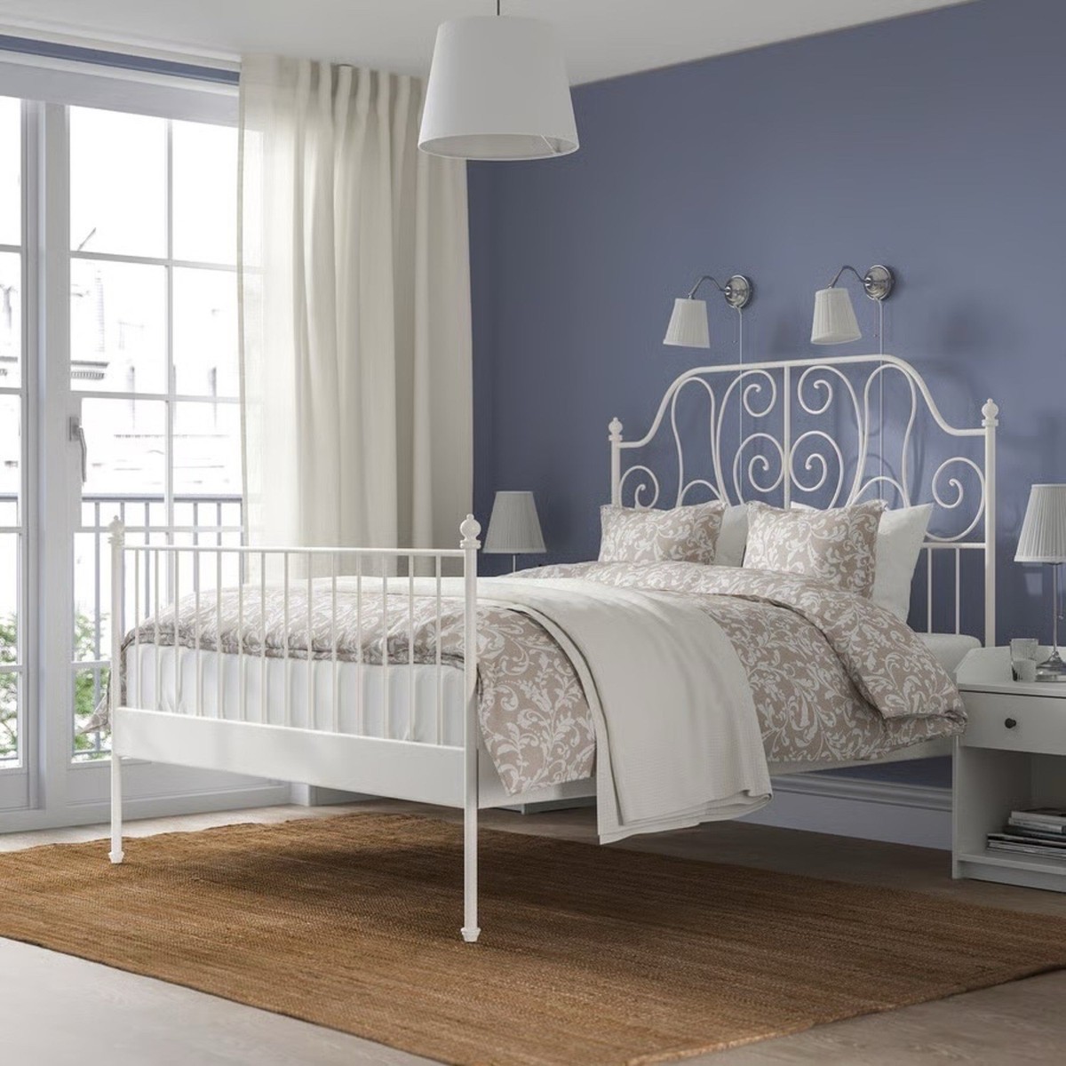IKEA Leirvik Metal Bed Frame White Elegant Scroll Design Queen