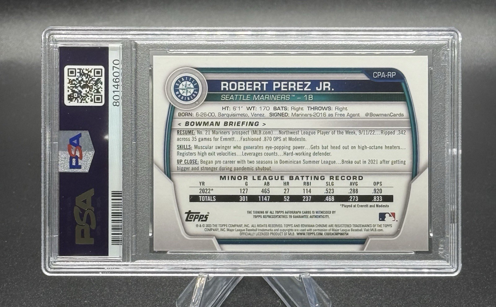 2023 Bowman - Chrome Prospect Autographs Robert Perez Jr SP PSA Green Grass/99 view 3