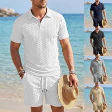 Men's Breathable Jacquard For Polo Top and Matching Shorts Set Size M to 2XL